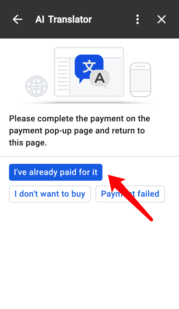 AI Sheets™ Translator Payment success
