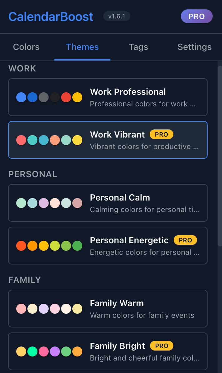 CalendarBoost preset themes selection