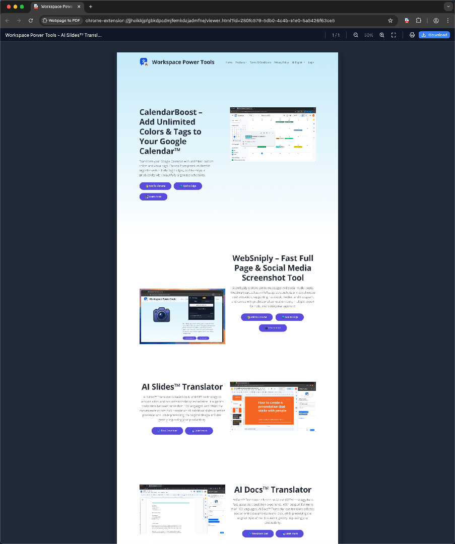Modo de captura de página completa de Webpage to PDF