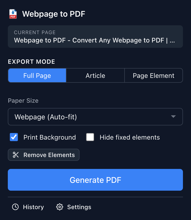 Webpage to PDF main interface